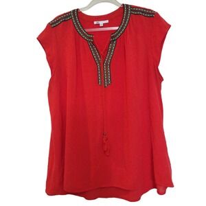 DR 2 Blouse Woman XXL Red Embroidered Tribal Trim Boho Short Sleeves Lightweight